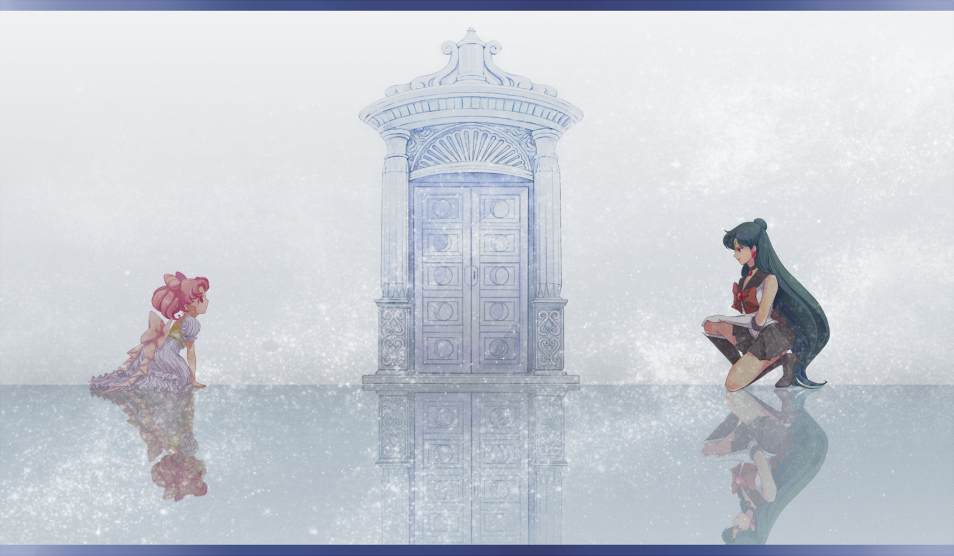 1990s_(style), 2girls, 30, bad_id, bad_pixiv_id, bishoujo_senshi_sailor_moon, black_dress, black_neckwear, boots, bow, brown_bow, chibi_usa, child, column, cone_hair_bun, door, double_bun, dress, earrings, gate, green_hair, hair_bun, half_updo, jewelry, kneeling, letterboxed, long_hair, meiou_setsuna, multiple_girls, pillar, pink_hair, pleated_skirt, princess, red_eyes, reflection, retro_artstyle, ribbon, sailor_collar, sailor_pluto, short_hair, single_hair_bun, skirt, small_lady_serenity, white_dress, wings