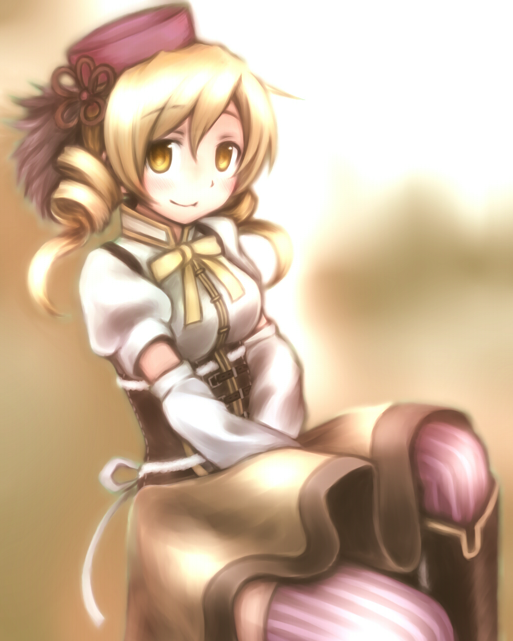 10s, 1girl, beret, blonde_hair, boots, breasts, corset, detached_sleeves, drill_hair, female_focus, hair_ornament, hat, highres, magical_girl, mahou_shoujo_madoka_magica, mahou_shoujo_madoka_magica_(anime), pleated_skirt, shuu_(sirokumasabu), skirt, smile, solo, striped_clothes, striped_thighhighs, thighhighs, tomoe_mami, tomoe_mami_(magical_girl), vertical-striped_clothes, vertical-striped_thighhighs, yellow_eyes