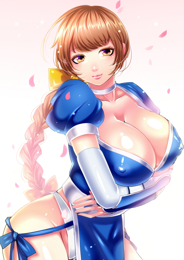 1girl, armor, bad_id, bad_pixiv_id, braid, breast_hold, breasts, brown_eyes