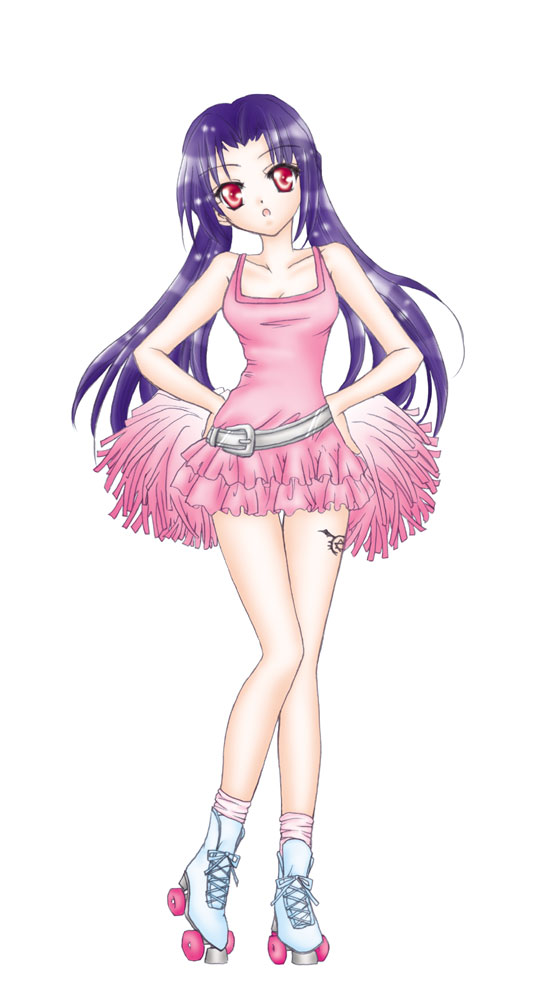 1girl, alternate_costume, belt, cheerleader, collarbone, dress, envy_(fma), female_focus, fullmetal_alchemist, genderswap, genderswap_(mtf), homunculus, long_hair, looking_at_viewer, ouroboros, pink_dress, pink_skirt, pom_pom_(cheerleading), purple_hair, red_eyes, rikudou_maki, roller_skates, skates, skirt, solo, tattoo, twintails