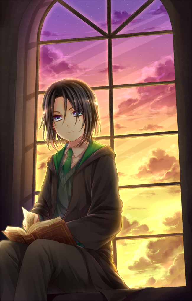 1boy, bad_id, bad_pixiv_id, black_hair, blue_eyes, book, harry_potter_(series), hogwarts_school_uniform