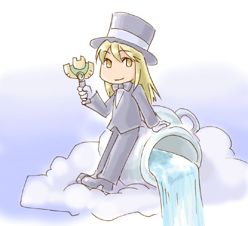 1boy, androgynous, blonde_hair, bow, bowtie, cloud, creator_(saga), formal_clothes