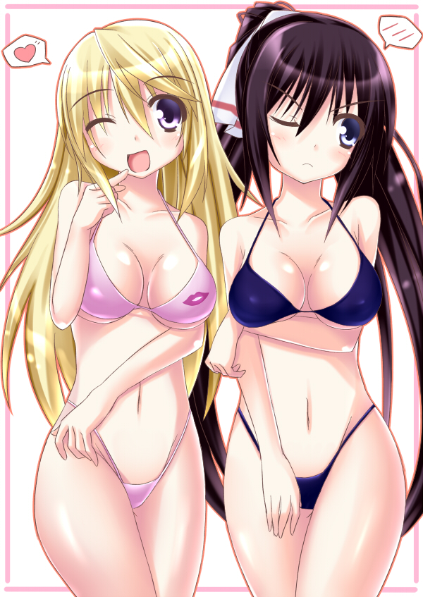 10s, 2girls, aosi_(wasabiranzy), bad_id, bad_pixiv_id, bikini, black_hair, blonde_hair