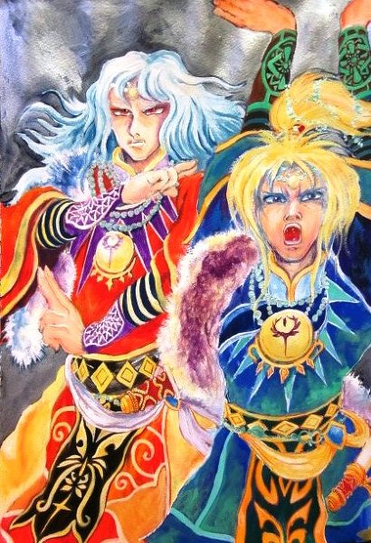 2boys, anago-san, blonde_hair, blue_(saga_frontier), blue_hair, blue_theme, brothers, facing_viewer