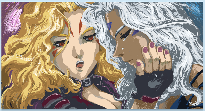 2girls, aa_megami-sama, blonde_hair, dark-skinned_female, dark_skin, demon, demon_girl, facial_mark