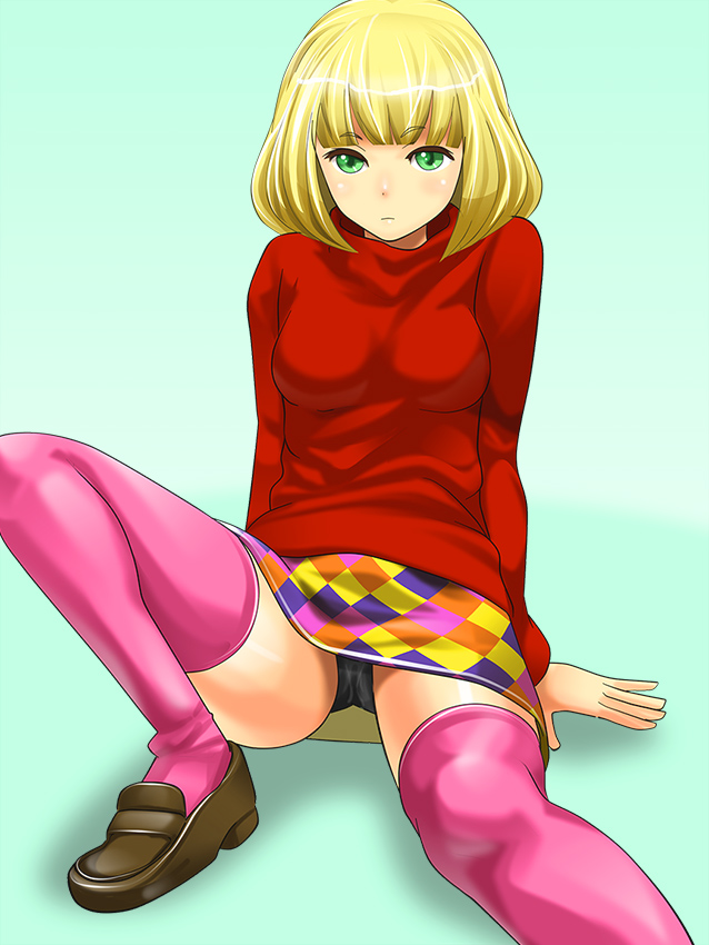 1girl, belle_(pop'n_music), bemani, black_panties, blonde_hair, blunt_bangs, bob_cut, female_focus, green_eyes, miniskirt, osamu_yagi, panties, pantyshot, pink_thighhighs, pop'n_music, short_hair, simple_background, sitting, skirt, solo, thighhighs, underwear, upskirt, zettai_ryouiki