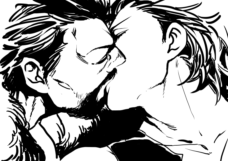 2boys, diarmuid_ua_duibhne_(fate), diarmuid_ua_duibhne_(lancer)_(fate), fate/zero, fate_(series), fionn_mac_cumhaill, greyscale, kiss