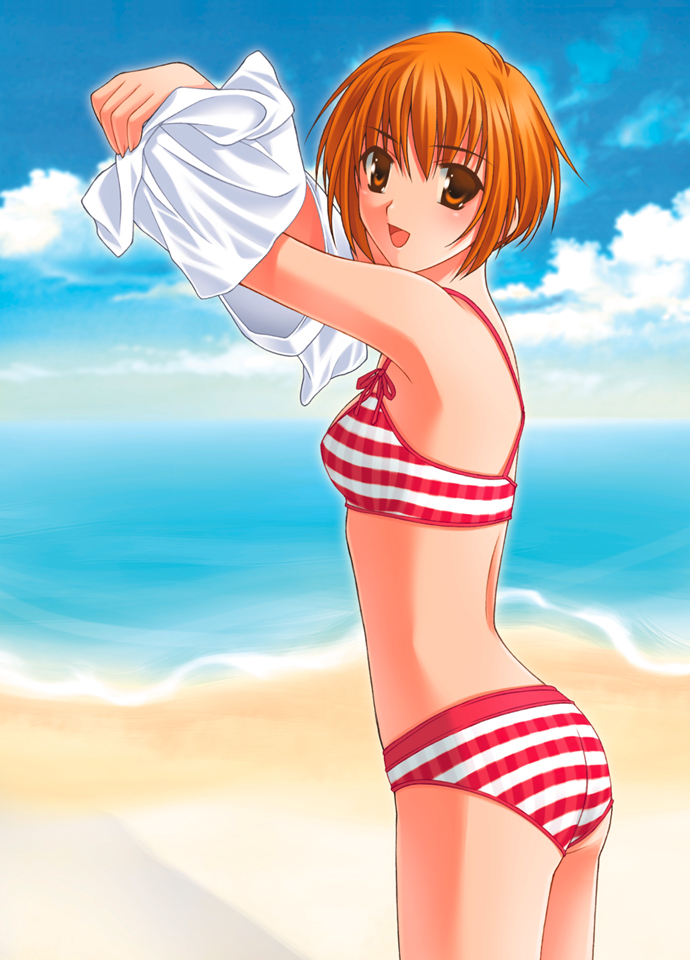 1girl, beach, bikini, cloud, day, ever_17, female_focus, orange_eyes