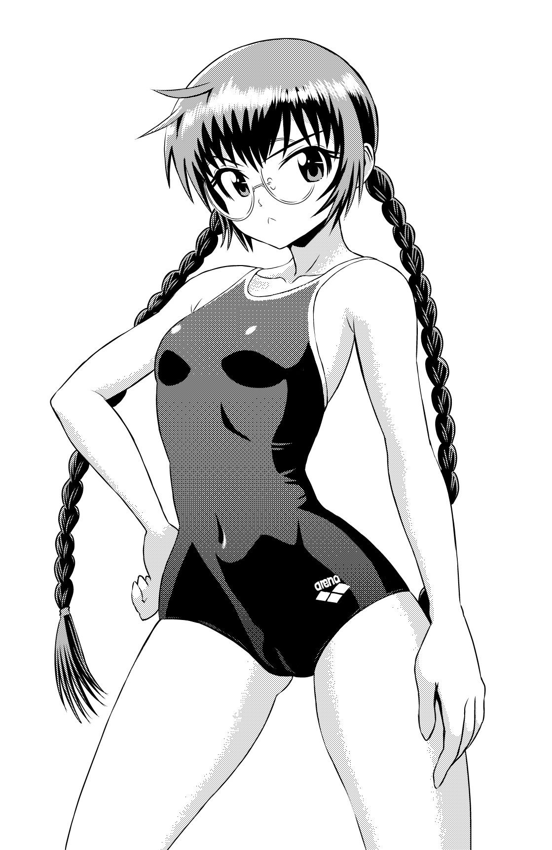 1girl, arena_(company), braid, competition_school_swimsuit, female_focus, greyscale, highres, kurayami_joe, long_hair, monochrome, one-piece_swimsuit, original, school_swimsuit, solo, swimsuit, twin_braids, twintails