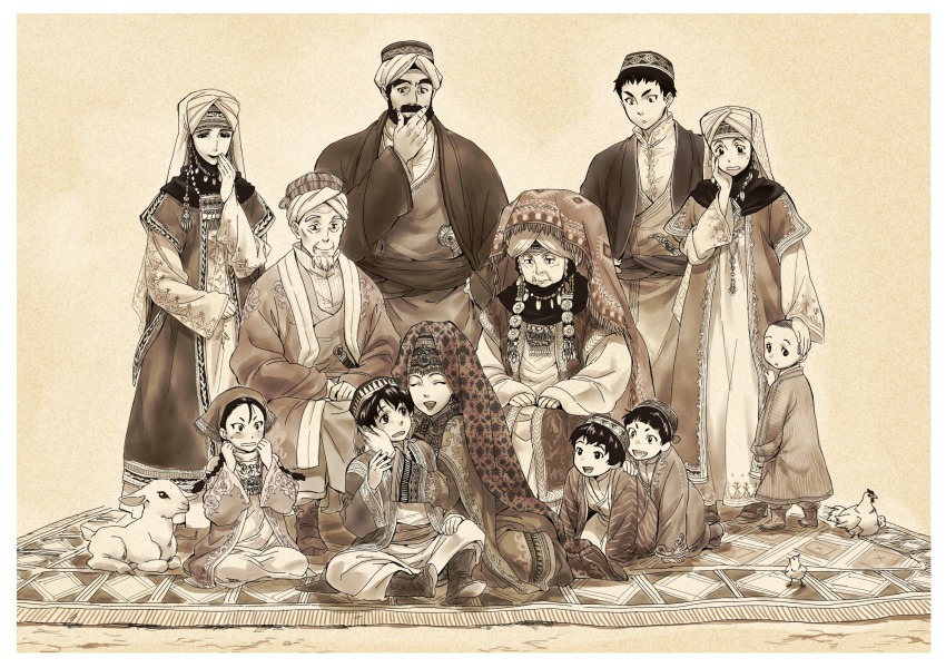 5girls, 6+boys, age_difference, akunbek_eihon, amir_halgal, bad_id, bad_pixiv_id, balkirsh_halgal, bird, boots, braid, brother_and_sister, brothers, carpet, chalg, chicken, family, family_bonding, father_and_child, father_and_daughter, father_and_son, goat, group_picture, headdress, highres, hug, husband_and_wife, indesign, jewelry, karluk_eihon, long_hair, mahatbek_eihon, monochrome, mother_and_child, mother_and_daughter, mother_and_son, multiple_boys, multiple_girls, onee-shota, otoyomegatari, parent_and_child, rostem, sanira, seleke_eihon, sepia, sheep, siblings, smile, tileke, tokcan, traditional_clothes, yusuf, yusuf_(otoyomegatari)
