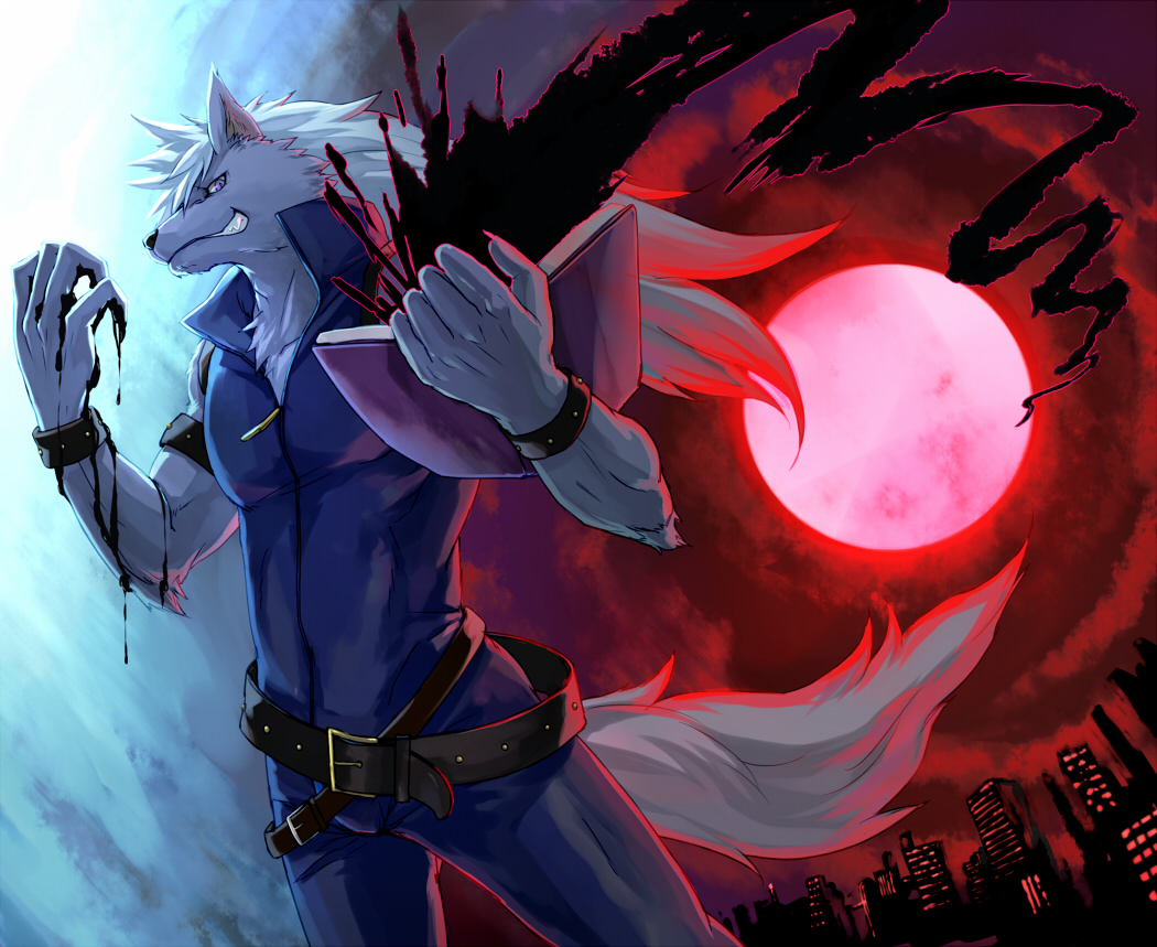 10s, 1boy, belt, book, full_moon, furry, furry_male, glowing, grin, long_hair, magic, male_focus, moon, pants, precure, red_moon, sky_(sora_no_gomibako), smile, smile_precure!, solo, tail, werewolf, white_hair, wolf_tail, wolfrun