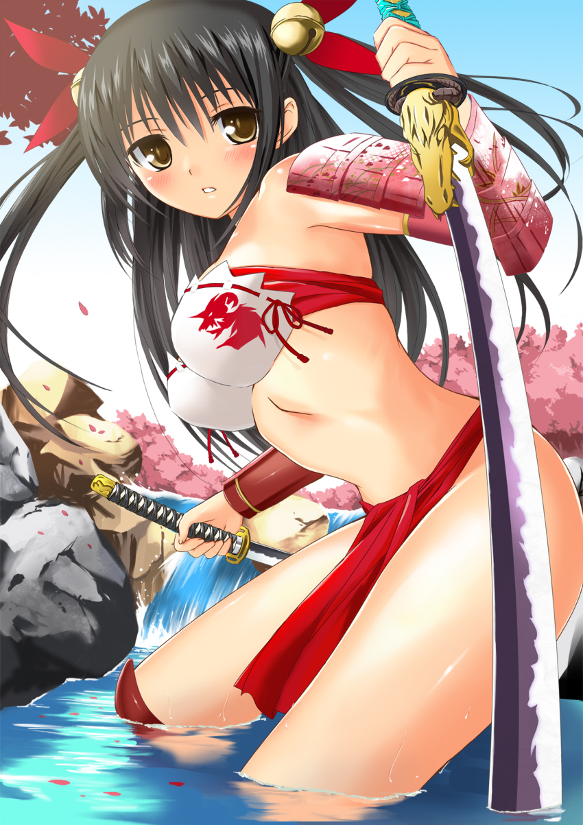 1girl, bandeau, bell, black_hair, blush, bow, breasts, cherry_blossoms