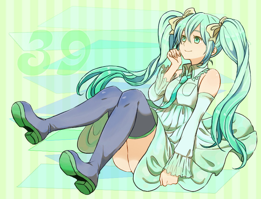 1girl, boots, bow, detached_sleeves, dress, female_focus, green_eyes, green_hair
