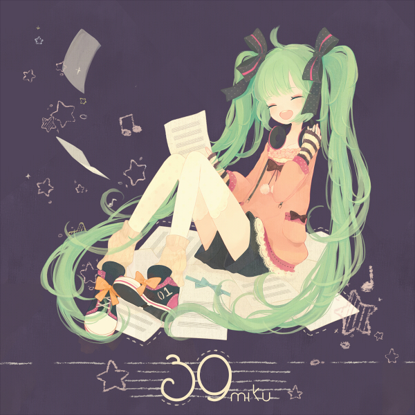1girl, ahoge, character_name, closed_eyes, female_focus, green_hair, hair_ribbon, hatsune_miku