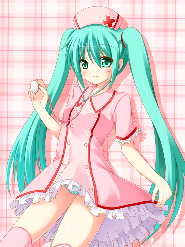 1girl, akarin, akarin_(sakuraakarin), female_focus, green_eyes, green_hair, hat, hatsune_miku, koiiro_byoutou_(vocaloid), long_hair, matching_hair/eyes, nurse, nurse_cap, panties, pantyshot, solo, standing, stethoscope, striped_clothes, striped_panties, thighhighs, twintails, underwear, very_long_hair, vocaloid