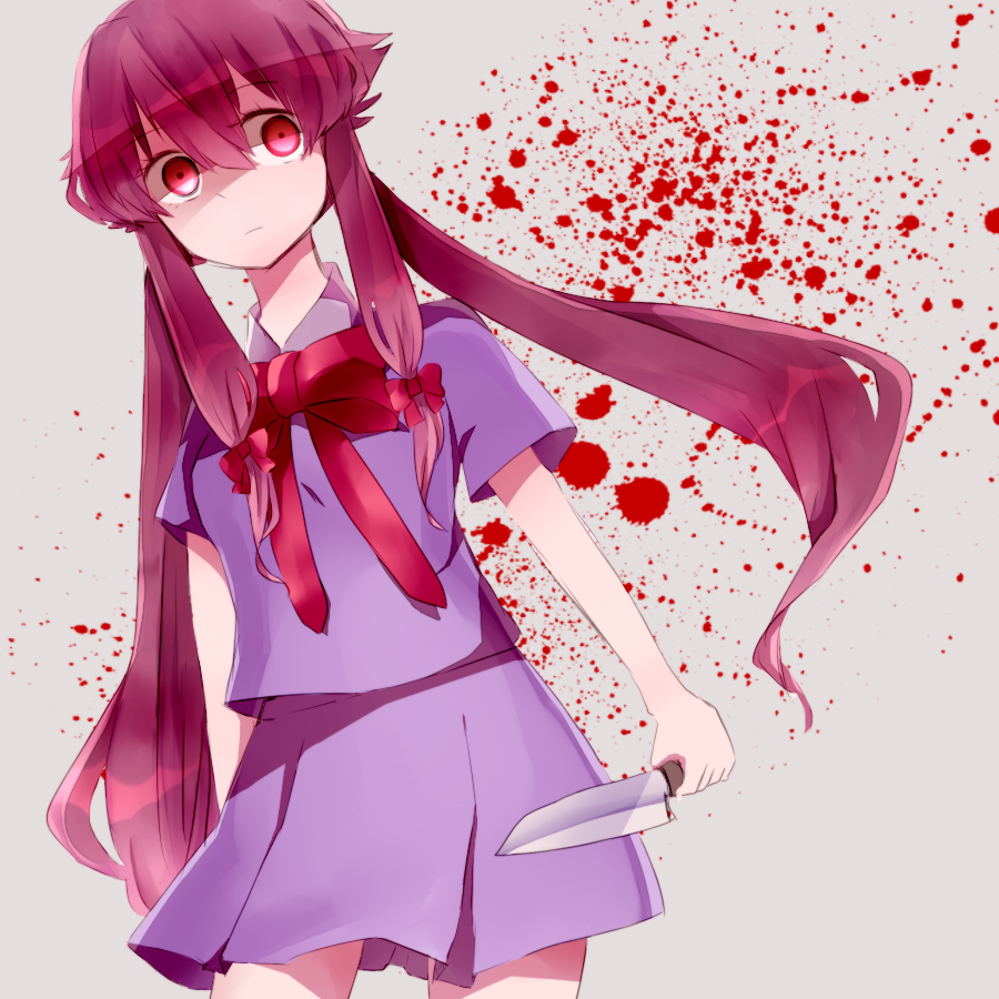 1girl, blood, gasai_yuno, knife, mirai_nikki, pink_hair, s-ana, school_uniform, twintails