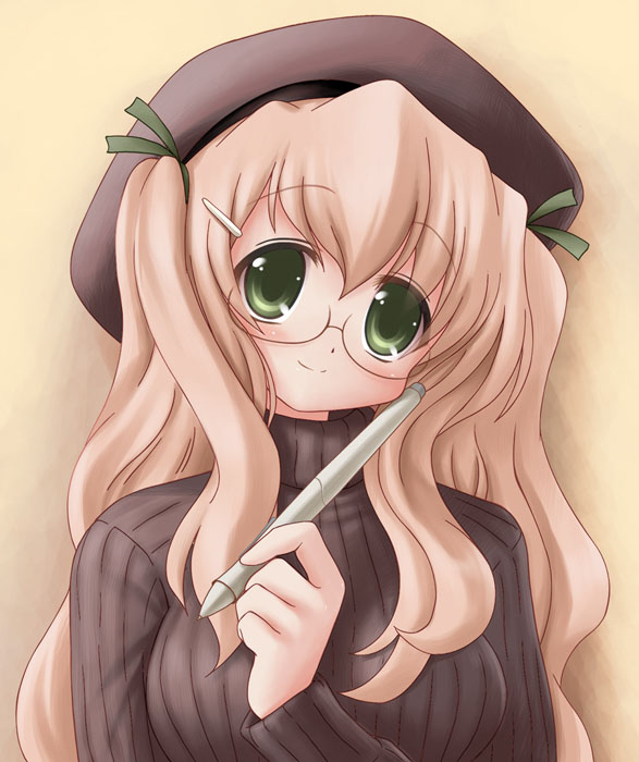 1girl, 920-k, beret, blonde_hair, female_focus, glasses, green_eyes, hat