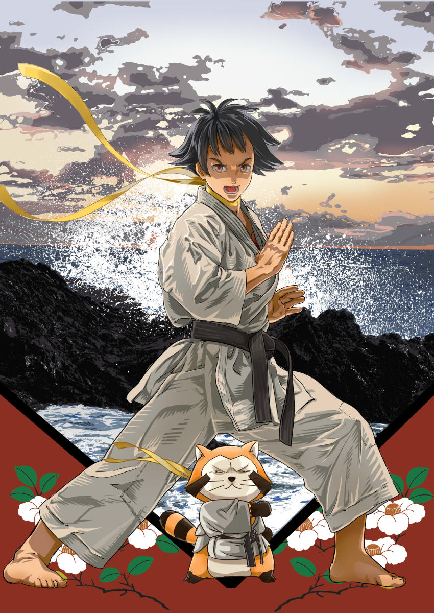 1girl, absurdres, animal_ears, barefoot, black_hair, capcom, choker, cloud, cloudy_sky, dougi, fighting_stance, haitani_(gamer), highres, makoto_(street_fighter), ocean, oshiri_seijin, raccoon_ears, raccoon_tail, ribbon_choker, scarf, short_hair, sky, street_fighter, street_fighter_iii_(series), tail, tanuki