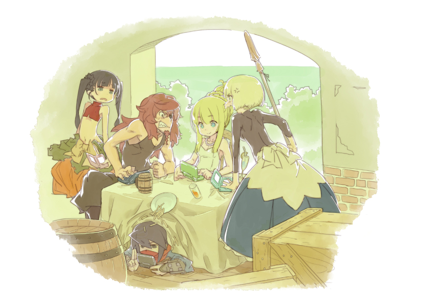 2boys, 3girls, anger_vein, atlus, bare_shoulders, beard, black_hair, black_shirt, blonde_hair, blouse, blue_eyes, bodysuit, dress, etrian_odyssey, eyepatch, facial_hair, food, french_fries, green_eyes, handheld_game_console, highres, himukai_yuuji, jewelry, midriff, monk_(sekaiju), monk_2_(sekaiju), multiple_boys, multiple_girls, navel, necklace, nintendo_ds, phalanx_(sekaiju), phalanx_2_(sekaiju), pirate_(sekaiju), pirate_1_(sekaiju), playing_games, playing_video_games, princess_(sekaiju), red_hair, sekaiju_no_meikyuu, sekaiju_no_meikyuu_3, shinobi_(sekaiju), shinobi_1_(sekaiju), shirt, sovereign_(sekaiju), sovereign_2_(sekaiju), twintails, under_table