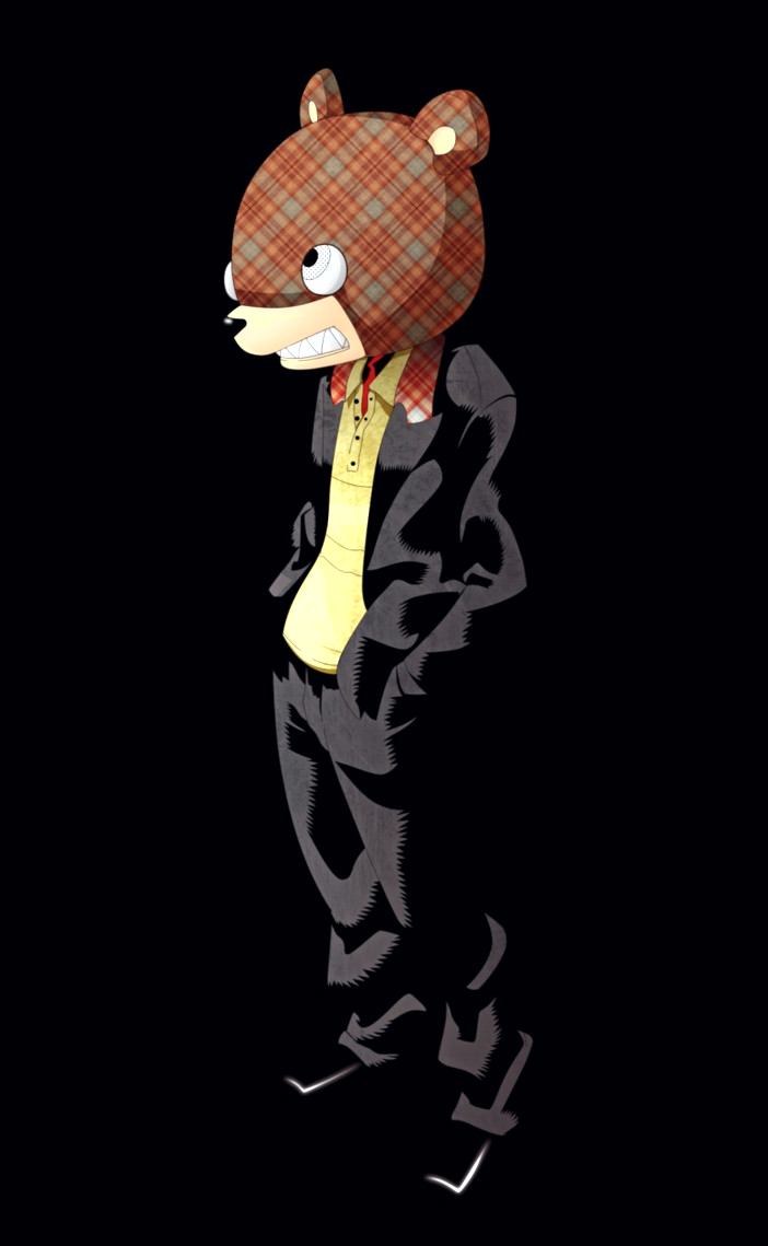 00s, 1boy, bear_head, black_background, coat, formal_clothes, full_body, jacket, male_focus, mask, simple_background, smile, solo, soul_eater, suit, tezca_tlipoca