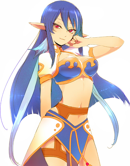 00s, 1girl, alternate_hairstyle, arm_behind_back, blue_hair, breasts, crop_top, cropped_jacket, female_focus, hair_down, ichihashi_makoto, judith_(tales), long_hair, looking_at_viewer, midriff, navel, no_gloves, pointy_ears, puffy_sleeves, red_eyes, simple_background, solo, tales_of_(series), tales_of_vesperia, thigh_strap, white_background