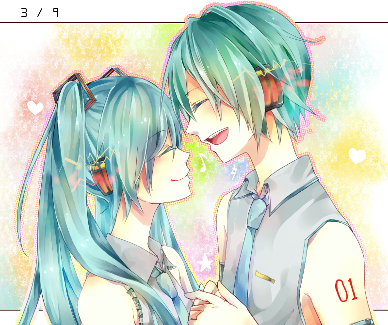 1boy, 1girl, 39, aqua_eyes, aqua_hair, bad_id, bad_pixiv_id, closed_eyes