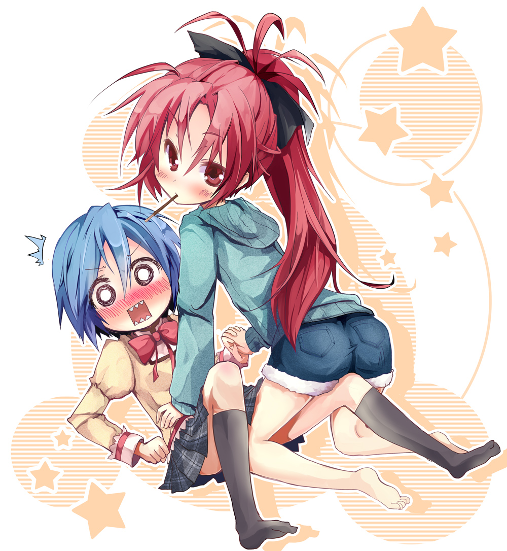 10s, 2girls, ^^^, ass, bare_legs, black_legwear, blue_hair, blush