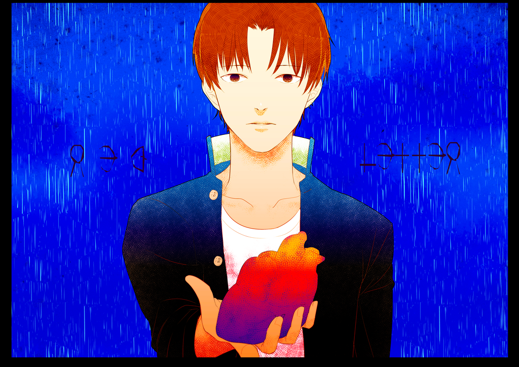 1boy, alternate_costume, bad_id, bad_pixiv_id, blue_background, brown_eyes, empty_eyes, expressionless