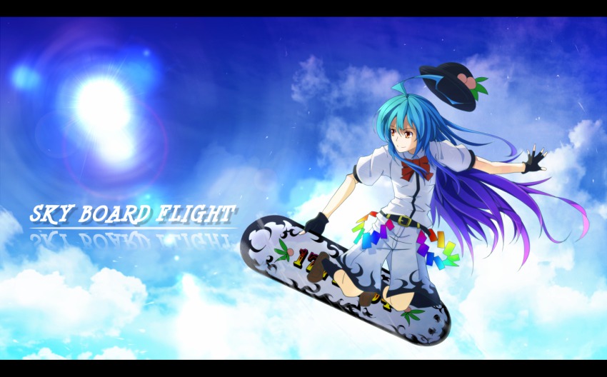 1girl, ahoge, bad_id, bad_pixiv_id, blue_hair, board, cloud, female_focus