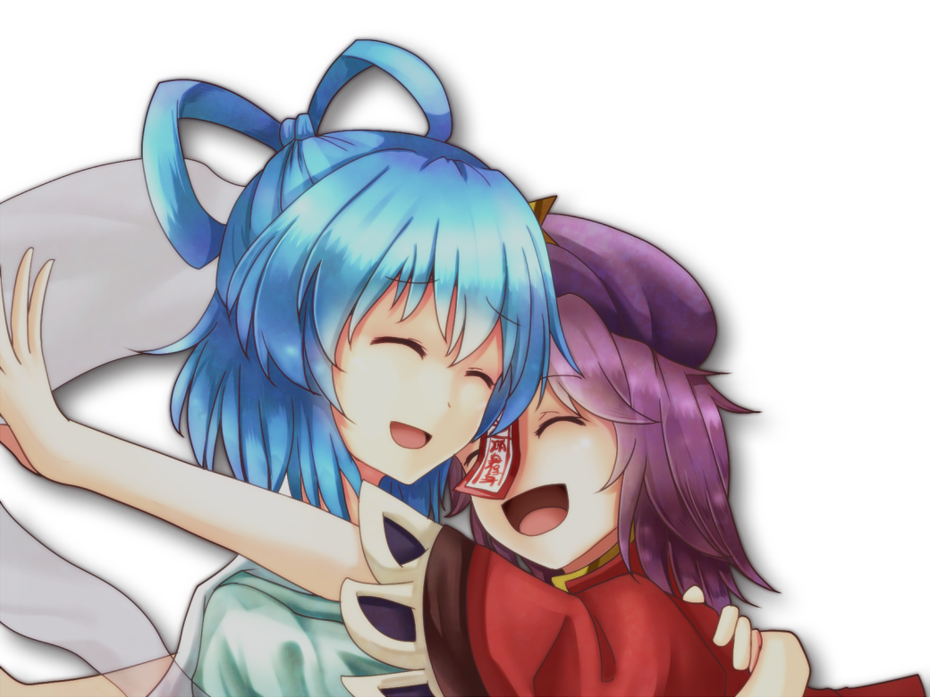 2girls, ^_^, blue_hair, closed_eyes, female_focus, hair_rings, hug, jiangshi, kaku_seiga, miyako_yoshika, multiple_girls, ofuda, open_mouth, outstretched_arms, pandora-ex, purple_hair, shawl, short_hair, smile, touhou, upper_body, zombie_pose