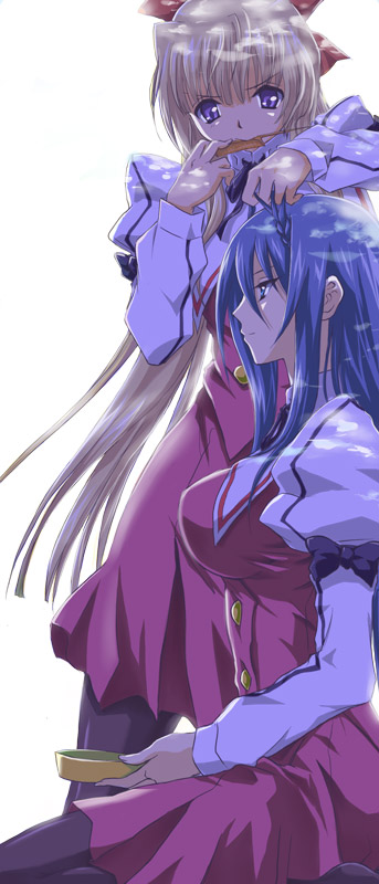 00s, 2girls, annoyed, blonde_hair, blue_hair, braid, comb, fujimaru_(kinakomucch)