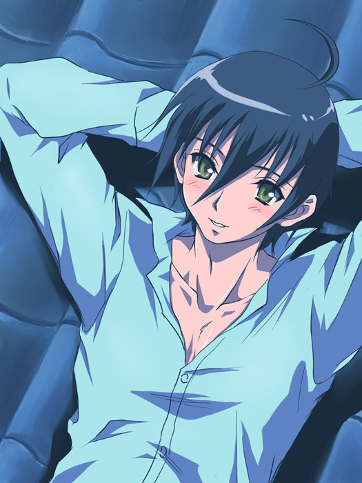 00s, 1boy, ahoge, arms_behind_back, black_hair, blush, brown_eyes, collarbone