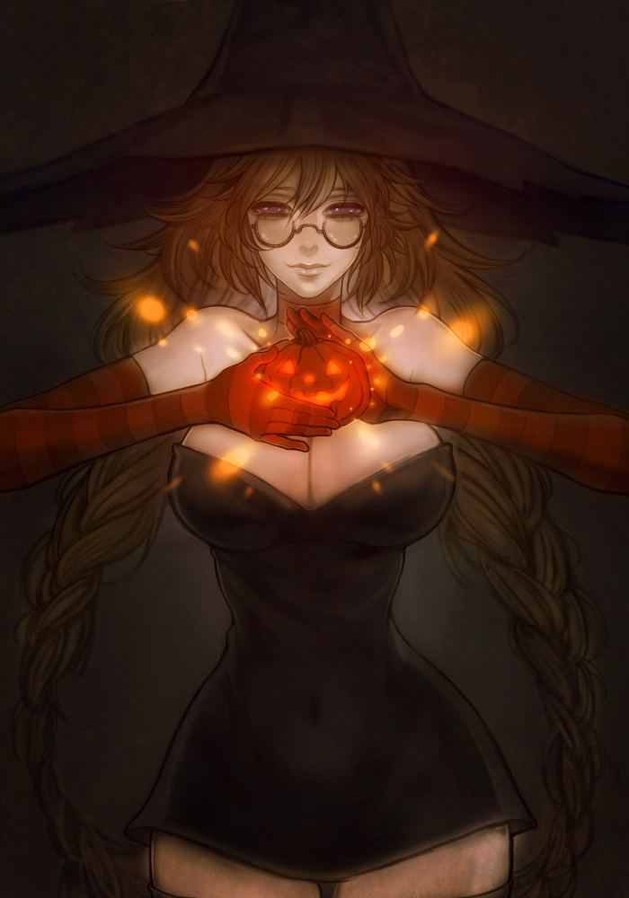 1girl, bad_id, bad_pixiv_id, bare_shoulders, black_dress, black_thighhighs, braid, breasts, brown_hair, choker, cleavage, dress, elbow_gloves, female_focus, glasses, gloves, halloween, hat, large_breasts, lips, long_hair, magic, narrow_waist, original, pumpkin, purple_eyes, smile, solo, spell, stf_amagihana, strapless, strapless_dress, striped, thighhighs, twin_braids, very_long_hair, witch, witch_hat