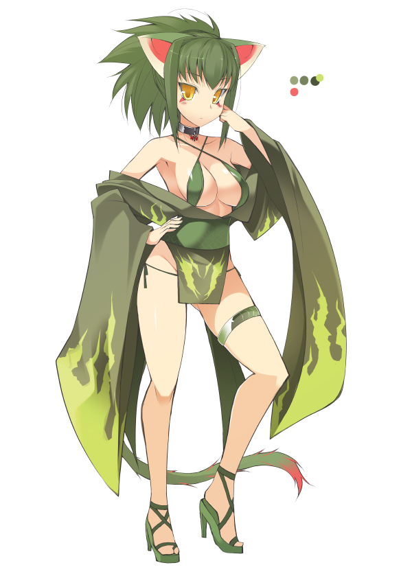 1girl, animal_ears, capcom, female_focus, green_hair, green_nargacuga, high_heels, monster_girl, monster_hunter_(series), ohta_yuichi, personification, solo, tail, yellow_eyes