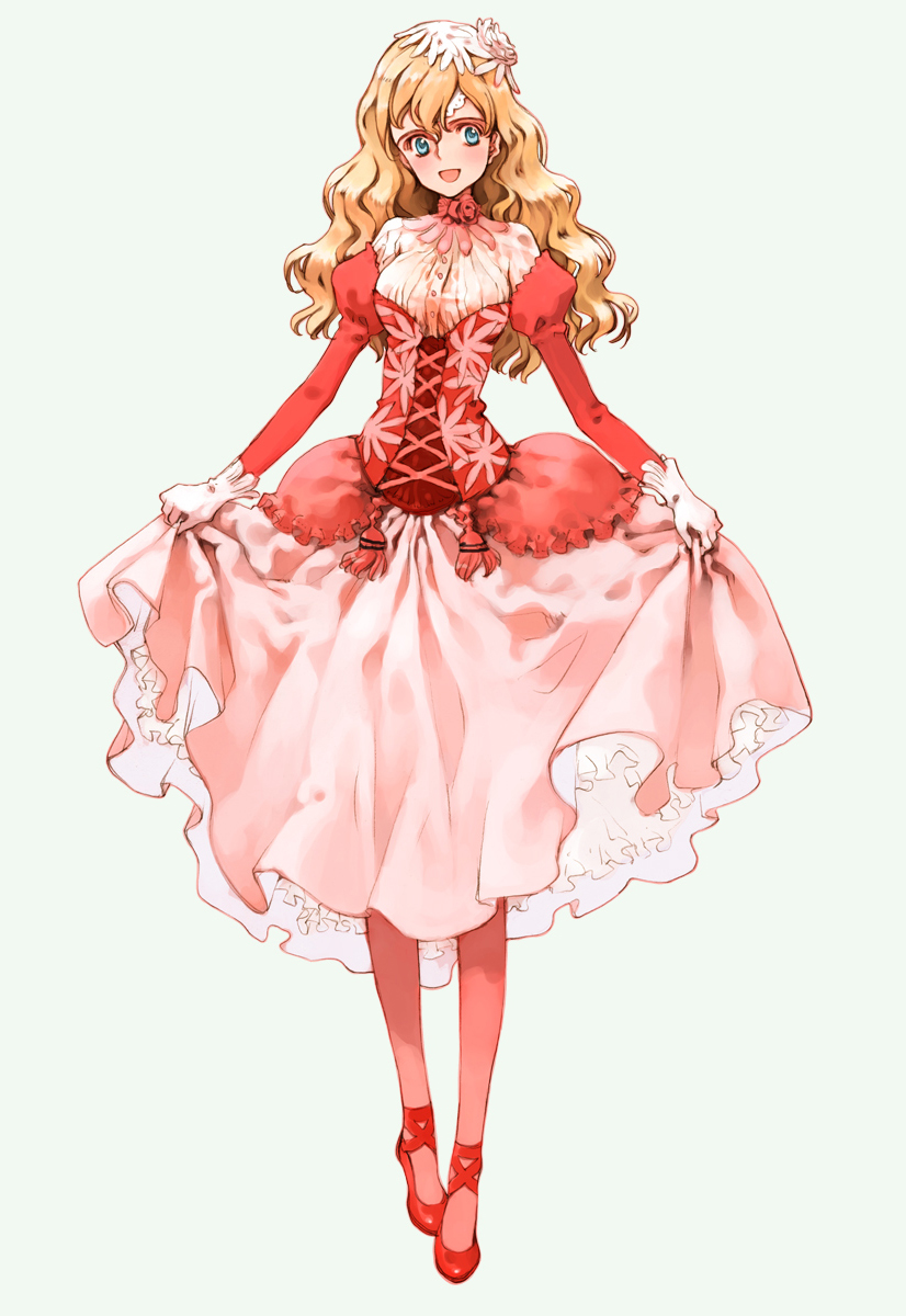 1girl, aqua_eyes, blonde_hair, blush, clothes_lift, curtsey, dress, fianna_mellowa