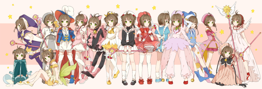 1990s_(style), 1girl, animal_ears, blue_hat, boots, brown_hair, cardcaptor_sakura, cat_ears, child, costume_chart, frills, fuuin_no_tsue, green_eyes, grey_hat, hat, highres, hoshi_no_tsue, kinomoto_sakura, kinomoto_sakura_(cherry_blossom_costume), kinomoto_sakura_(commander), kinomoto_sakura_(fairy), kinomoto_sakura_(final_pink_and_black_costume), kinomoto_sakura_(fluffy_sheep), kinomoto_sakura_(kitty), kinomoto_sakura_(magician), kinomoto_sakura_(miraculous_sakura), kinomoto_sakura_(pink_star_angel_costume), kinomoto_sakura_(princess_costume), kinomoto_sakura_(sakura_prince), kinomoto_sakura_(shopgirl:_mint), kinomoto_sakura_(water_fairy), mary_janes, mia0309, multiple_persona, pantyhose, pink_boots, pink_hat, purple_hat, red_shoes, retro_artstyle, school_uniform, serafuku, shoes, short_hair, sitting, staff, standing, thighhighs, tomoeda_middle_school_uniform, wand, white_thighhighs, wings