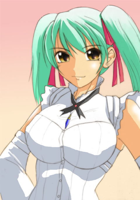 1girl, advance_wars, advance_wars:_days_of_ruin, breasts, detached_sleeves, female_focus, green_hair, hair_ribbon