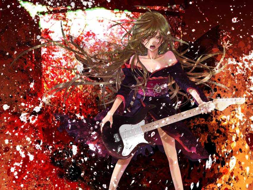 1girl, ahoge, bad_id, bad_pixiv_id, bare_shoulders, blonde_hair, breasts, character_request, cleavage, electric_guitar, female_focus, guitar, highres, instrument, kagamine_rin, kagamine_rin_(sakura_moon), long_hair, off_shoulder, open_mouth, small_breasts, solo, vocaloid, yukinokoe