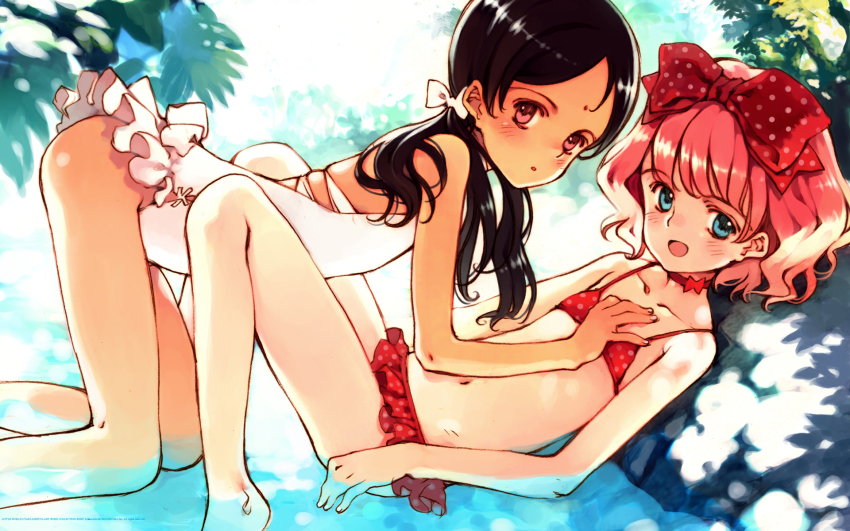 2girls, aria_vancleef, bikini, bindi, black_hair, blue_eyes, blush, flat_chest