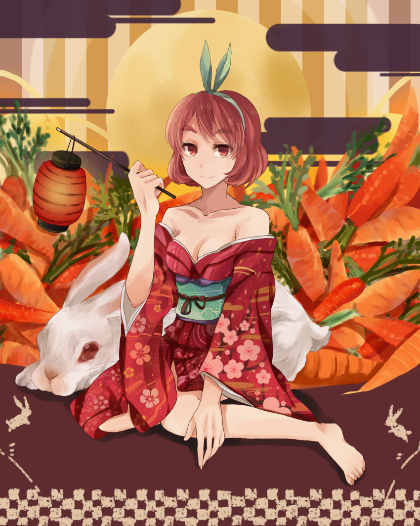 1girl, bad_id, bad_pixiv_id, bare_shoulders, barefoot, breasts, brown_hair, carrot