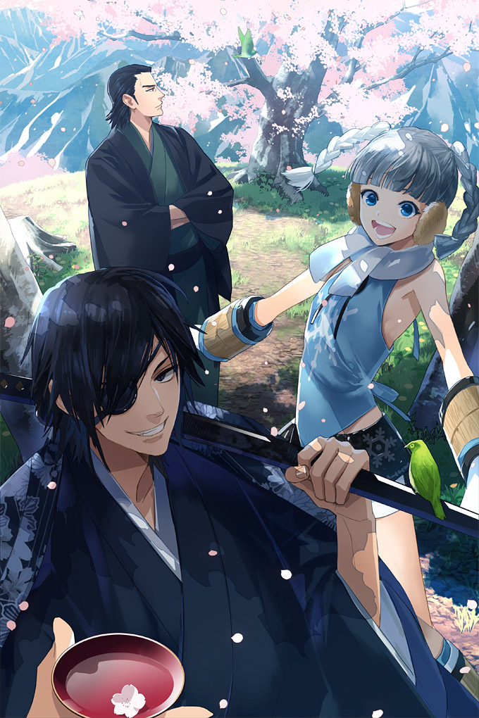 1girl, 2boys, bad_id, bad_pixiv_id, bird, black_eyes, black_hair, blue_eyes