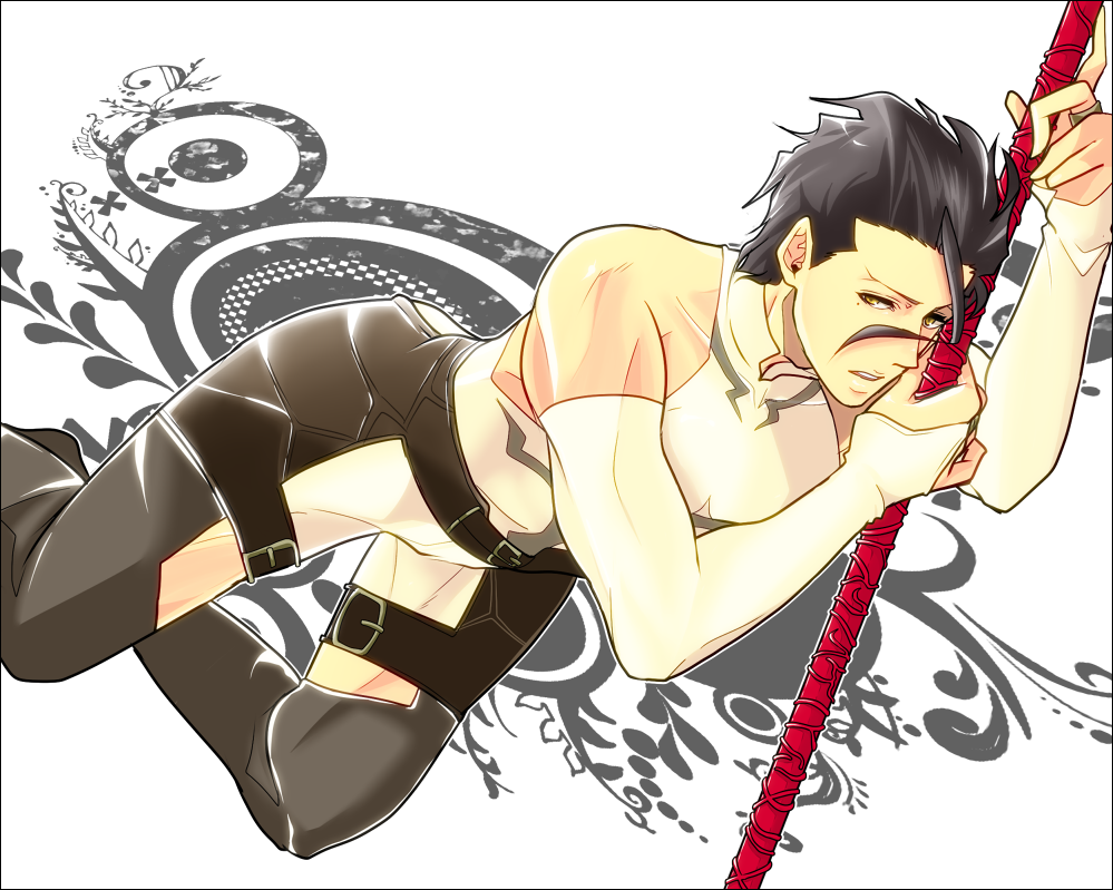 1boy, ahoge, alternate_color, bad_id, bad_pixiv_id, black_hair, diarmuid_ua_duibhne_(fate), diarmuid_ua_duibhne_(lancer)_(fate), fate/zero, fate_(series), gae_dearg_(fate), lancer_lily, light_persona, lily_servant, male_focus, mole, mole_under_eye, polearm, spear, tacoco, weapon, yellow_eyes