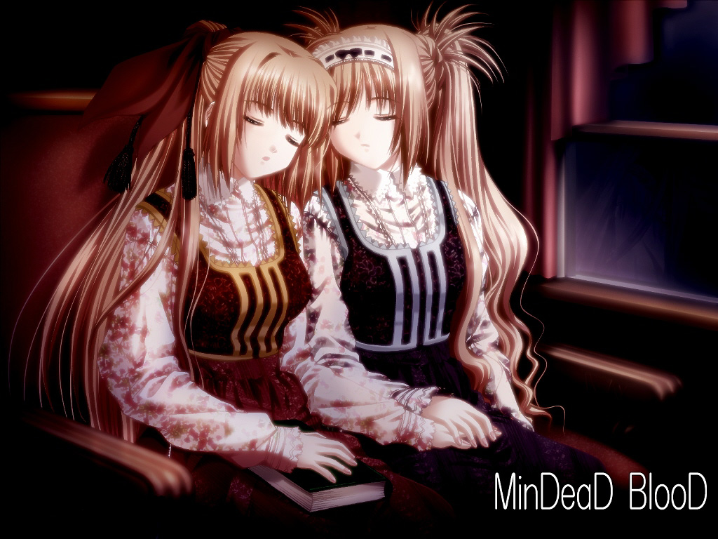 2girls, blonde_hair, book, brown_hair, closed_eyes, couch, curtains, dress