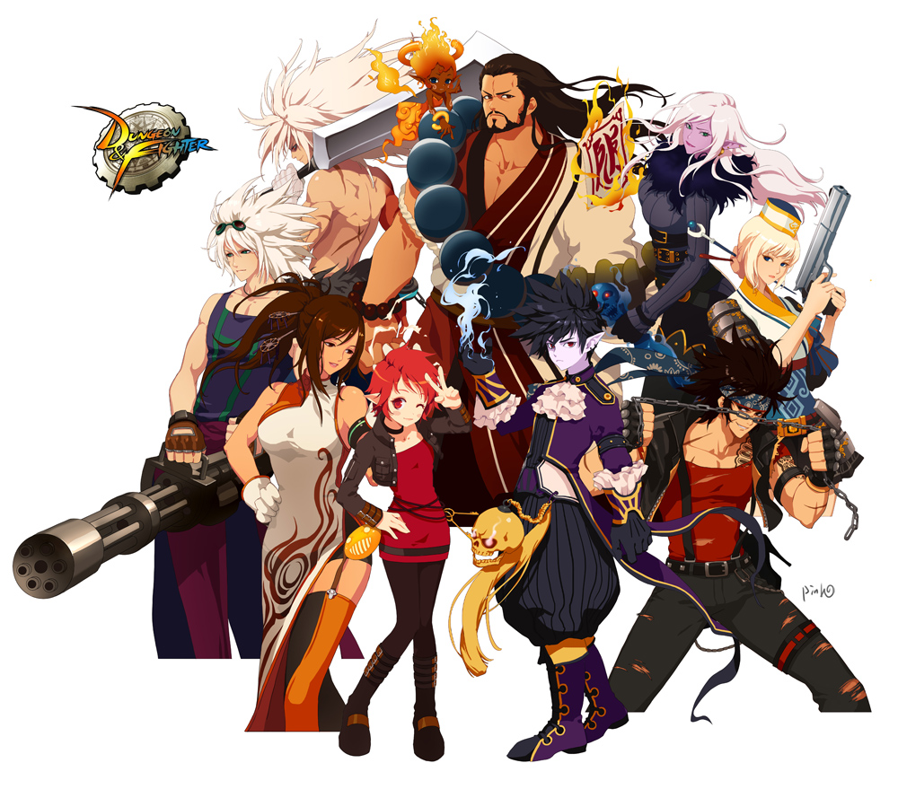 00s, 5boys, 5girls, bandana, beads, berserker_(dungeon_and_fighter), black_hair, boots