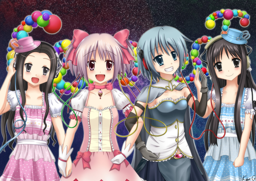 10s, 4girls, alice_(claris), black_eyes, black_hair, blue_eyes, blue_hair, cable, clara_(claris), claris_(group), english_text, hair_ribbon, hat, headphones, highres, holding_hands, kaname_madoka, kaname_madoka_(magical_girl), kenneth_g, locked_arms, magical_girl, mahou_shoujo_madoka_magica, mahou_shoujo_madoka_magica_(anime), miki_sayaka, miki_sayaka_(magical_girl), multiple_girls, pink_eyes, pink_hair, ribbon, short_hair, short_twintails, signature, smile, soul_gem, straight_hair, twintails, wavy_hair