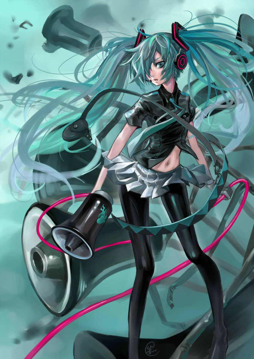 1girl, aqua_eyes, aqua_hair, female_focus, gloves, hair_over_one_eye, hatsune_miku, headset