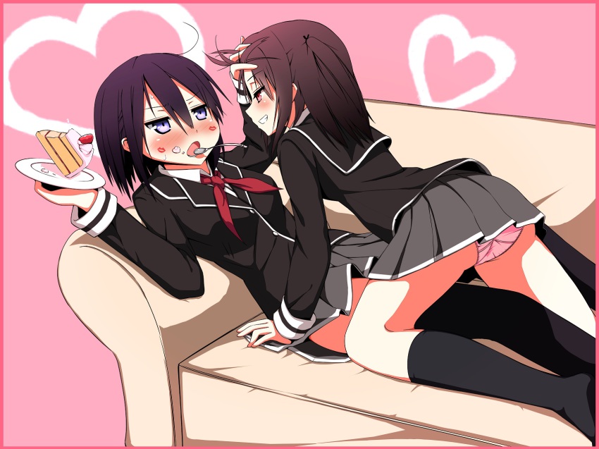 2girls, black_hair, blue_eyes, blush, brown_eyes, brown_hair, cake, couch