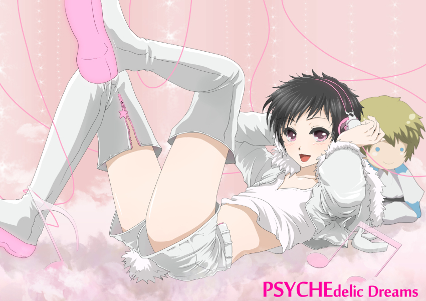 1boy, black_hair, blonde_hair, blue_eyes, boots, character_doll, doll, durarara!!, english_text, fur_trim, headphones, heiwajima_shizuo, lying, male_focus, midriff, navel, okiron, on_back, open_mouth, orihara_izaya, psychedelic_dreams, purple_eyes, short_hair, shorts, smile, solo, thigh_boots, thighhighs, trap, unzipped, yaoi