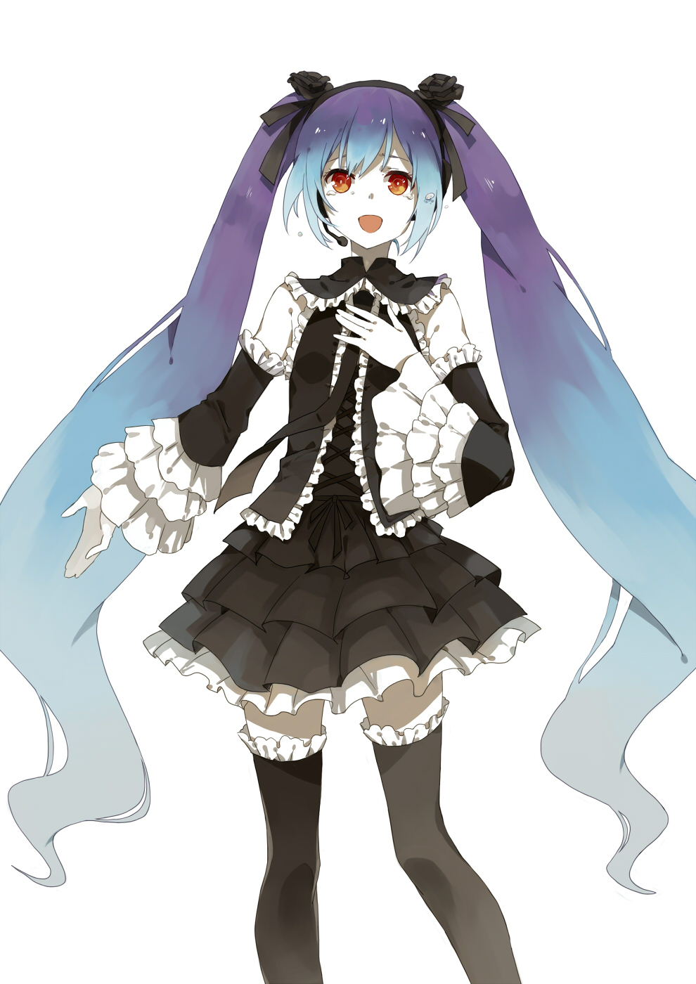 1girl, :d, alternate_eye_color, alternate_hair_color, aqua_hair, detached_sleeves, dress, female_focus