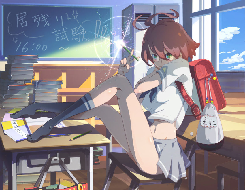 1girl, ahoge, backpack, bag, black_socks, book, book_stack, brown_hair
